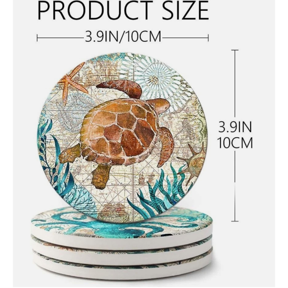 Ocean Life Coasters for Drinks Set of 7 Cork Base Ceramic Coastal Decor - Picture 2 of 9